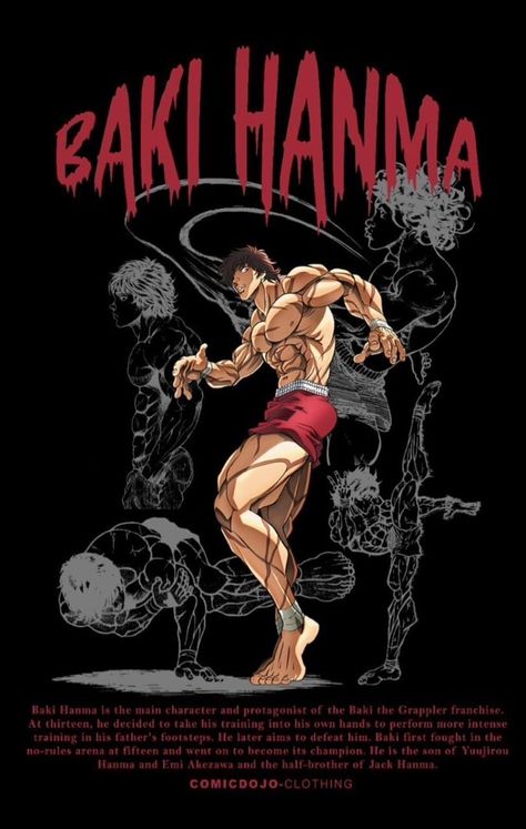 Baki design for comicdojo, Abhishek raut on ArtStation at https://www.artstation.com/artwork/DARldo Baki Poster Art, Baki T Shirt Design, Gym Prints Design, Baki Wallpaper Iphone, Baki Wallpaper Pc, Baki Hanma Aesthetic, Baki Hanma Wallpaper Iphone, Baki Hanma Art, Baki Poster