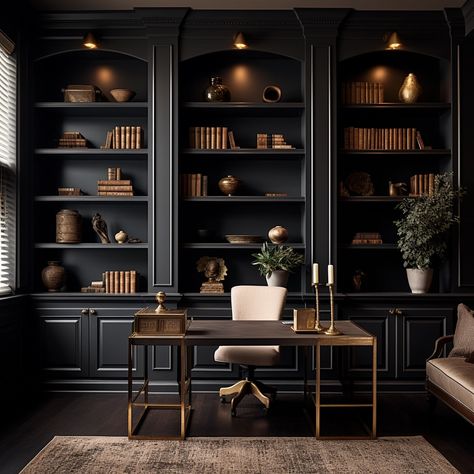 Masculine Library Office, Library Office Paint Colors, Dark Green Moody Library, Study With Dark Walls, Home Office Bookcase Ideas, Moody Living Room Built Ins, Black Painted Bookcase Ideas, Speakeasy Office Design, Moody Library Paint Colors