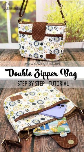 Cross Body Bag Pattern Free, Crossbody Bag Tutorial, Double Zipper Bag, Crossbody Bag Diy, Purse Patterns Free, Bags To Make, Cross Body Bag Pattern, Sewing Handbag, Crossbody Bag Pattern