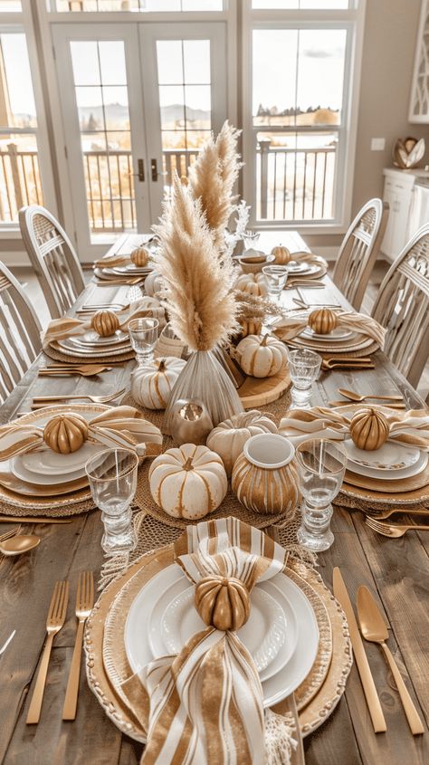 45+ Thanksgiving Centrepiece Ideas And DIYs For Your Table Thanksgiving Table Gold Chargers, Nautical Thanksgiving Decor, Coastal Thanksgiving Table, Fall Decor Table Setting, Dinner Table Fall Decorating Ideas, Thanksgiving Setting The Table, Hobby Lobby Thanksgiving Table, Minimal Thanksgiving Table Decor, November Table Decorations