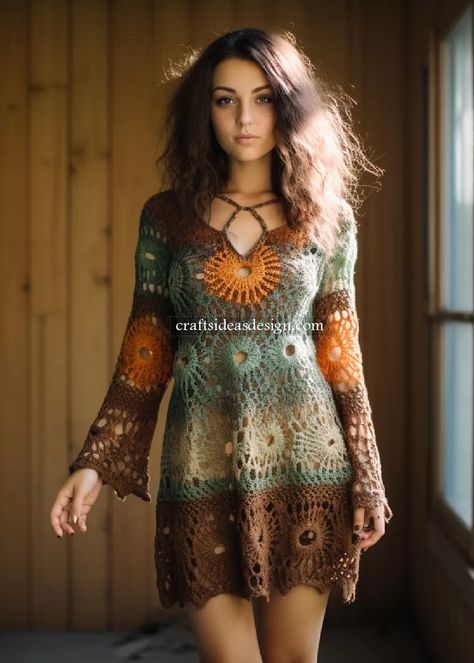 10 Crochet tunic dress with bell sleeves Ideas  - Crafts Ideas Crochet Dress Bell Sleeve, Crochet Formal Dress, Artistic Crochet, Bell Sleeve Outfit, Hippie Crochet Patterns, Boho Dress Winter, Crochet Top Outfit Summer, Boho Dress Pattern, Bell Sleeve Pattern