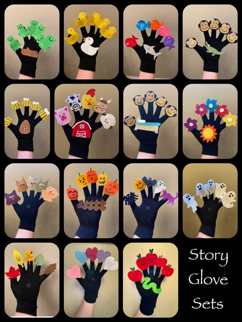 The story glove comes with Velcro added to the tip of each finger as well as the center of the palm. *Velcro is only attached to the glove. The felt pieces do not have Velcro on the back. The felt pieces stick to the Velcro on the glove and can be put on and taken off easily.  ✨Step 1- select the option of your choice. For example, you choose Story Glove + 3 Felt Sets ✨ Step 2- message me with the names of the felt stories you would like ➡️You can also add additional felt stories under options. Felt Characters, 5 Little Pumpkins, 5 Little Monkeys, Glove Puppets, Flannel Board Stories, Felt Puppets, Felt Board Stories, Felt Finger Puppets, Flannel Board