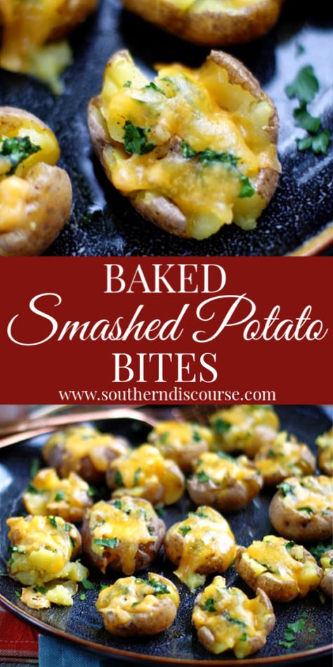 Baby Potato Appetizers, Smashed Potatoes Baked, Gold Potato Recipes, Baby Potato Recipes, Crispy Potato Skins, Smashed Potatoes Recipe, Potato Appetizers, Gold Potatoes, Potato Bites