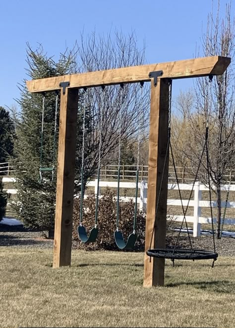 Country Playground Ideas, Diy Easy Playground, Backyard Swingset Play Area, Adult Swingset Ideas, Kids Zipline Backyard, Yard Swings Diy Backyard Ideas, Backyard For Teens, Diy Playset Outdoor Plans, Swingset Plans Diy