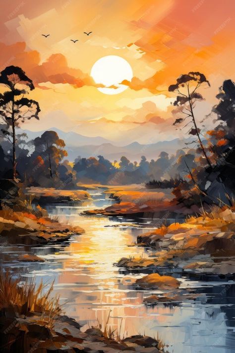 Premium Photo | Painting of a Sunset Over a River Generative AI Sunrise Watercolor Painting, Sunrise Art Painting, Sunrise Paintings, Sunrise Watercolor, Impressionist Watercolor, Natural Scenes, Art With Meaning, Reflection Painting, Tea Drinks