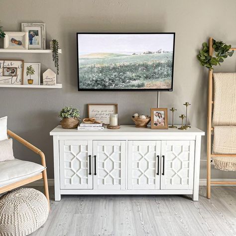 Decor Around Tv Console, Decor Under Wall Mounted Tv, Side Of Tv Wall Decor Farmhouse, Pictures On Side Of Tv, Tv Wall With Picture Frames, Tv On Wall Decor Ideas, How To Decorate Behind A Tv, Decorating Around A Large Tv, Decorating Behind Tv