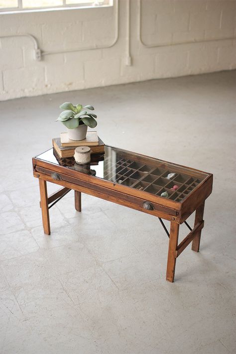 Table With Glass Top Display, Printers Tray Display, Printer Tray, Letterpress Drawer, Printers Drawer, Crate Diy, Display Coffee Table, Table With Glass Top, Printers Tray