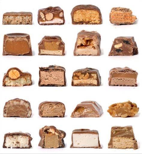 Candy bar cross-sections Cross Section, Chocolate Candy, Om Nom, Chocolate Bar, Chocolate Cookie, Candy Bar, Chocolates, Different Types, Sweet Tooth