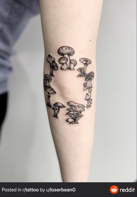 Fairy Grunge Tattoo Aesthetic, Elbow Mushroom Tattoo, Rat Mushroom Tattoo, Single Mushroom Tattoo, Mushroom Botanical Tattoo, Mushroom Fairy Circle Tattoo, Mushroom Circle Tattoo Knee, Knee Mushroom Tattoo, Mushroom Tattoo Realistic