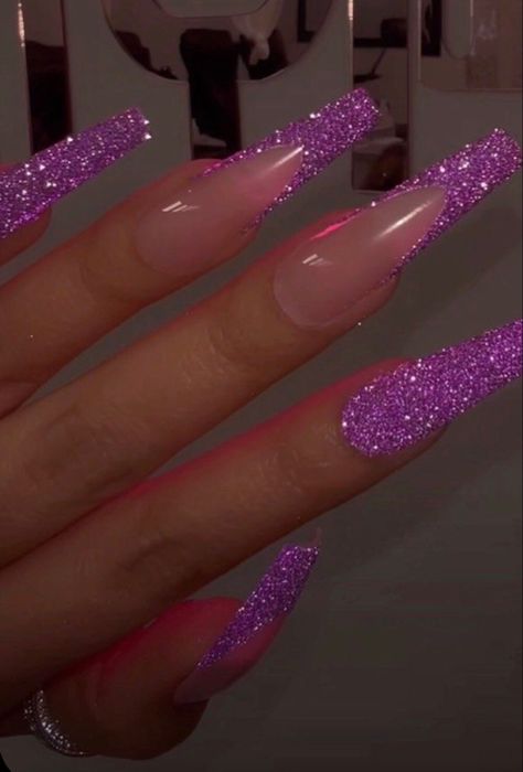 Purple Sparkly Nails Acrylic, Purple Nails Silver Glitter, Light Purple Glittery Nails, Purple And Silver Sparkle Nails, Purple Chunky Glitter Nails, Glitter Nails Acrylic, Hairstyle Idea, Nails Purple, Purple Acrylic Nails