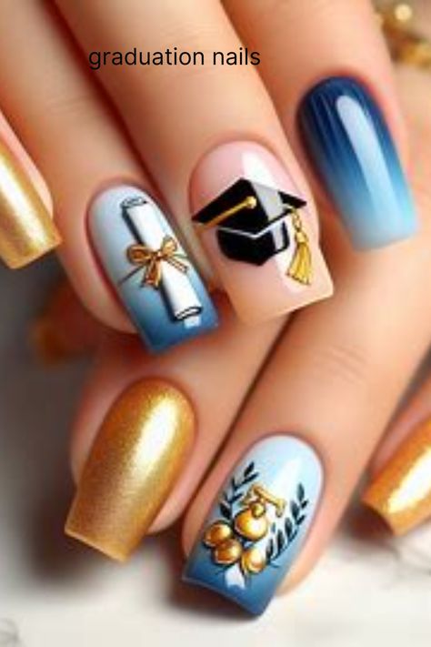 "Get inspired for your graduation ceremony with these gorgeous nail designs! From classic elegance to trendy flair, find the perfect style to complement your cap and gown." Graduation Nails Ideas, Graduation Nail Art, Graduation Nail Designs, Gold Accent Nail, Celebrate Success, Golden Nails, Graduation Nails, Perfect Manicure, Floral Nail Designs