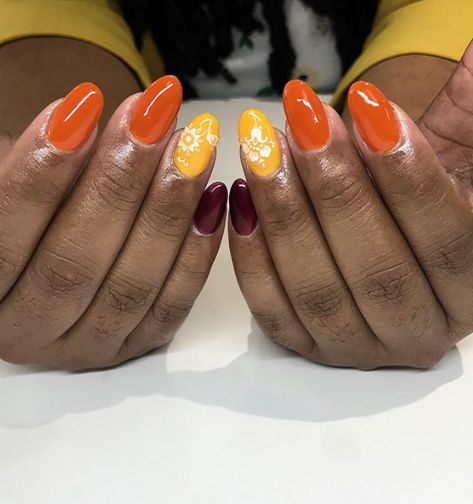 Spicy Mango Thanksgiving Nail Designs Oval Shaped Nails, Thanksgiving Nail Designs, Orange Nail Polish, Orange Nail, Thanksgiving Nail, Middle Fingers, Shaped Nails, Nail Care Tips, Thanksgiving Nails