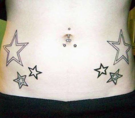 Star Tattoo Stomach, Star Stomach Tattoos For Women, Lower Stomach Tattoos Stars, Star Tattoos Waist, Star Tattoo On Lower Stomach, Star Hip Tattoo Y2k, Pelvic Tattoos, Button Tattoo, Stomach Tattoos