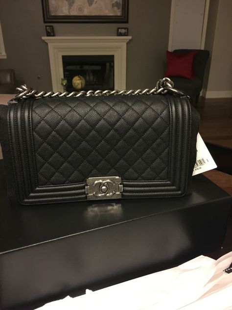 Chanel medium black boy bag in caviar leather. And the wait is over! My hubby surprised me yesterday! #finallyhere Chanel Boy Bag Medium, Chanel Boy Bag Black, Black Boy, Gold Chanel, Luxury Purses, My Hubby, Black Boys, Pocket Book, Black Hardware