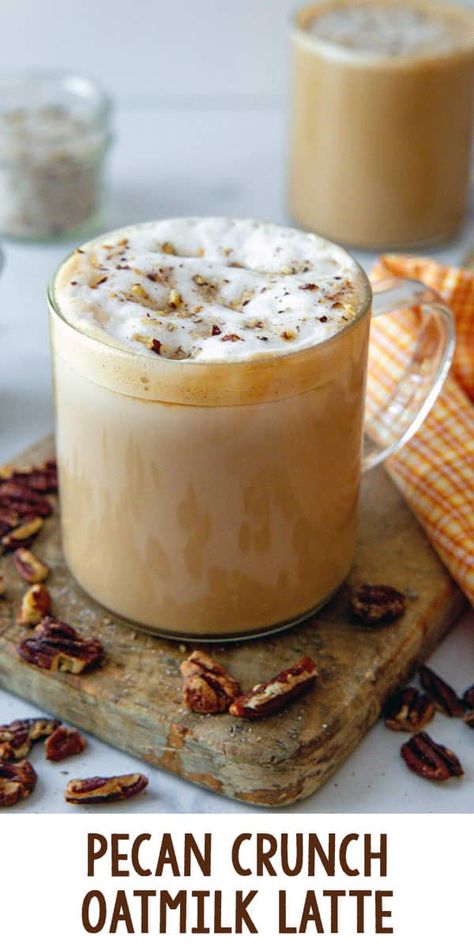 Copycat Starbucks Pecan Crunch Latte, Pecan Oatmilk Latte, Starbucks Pecan Drink, Starbucks Pecan Crunch Oat Milk Latte, Iced Pecan Crunch Oatmilk Latte, Starbucks Pecan Crunch Latte, Oat Milk Coffee Recipe, Oatmilk Latte Recipe, Oat Milk Latte Recipe