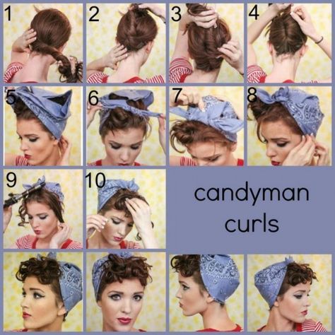 How to DIY Candyman Curls Hairstyle Diy Pinup Hair, Greaser Hairstyles For Women, Rosie Riveter Hair, Rosie The Riveter Makeup, 50s Pinup Hairstyles, Rosie The Riveter Hairstyle, Pinup Outfits Ideas, 1940s Headscarf, Rockabilly Outfits For Women