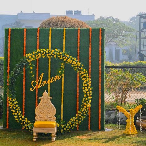 Mehndi Ceremony Decorations At Home, Haldi Decoration At Home, Haldi Ceremony Decorations At Home Simple, Haldi Ceremony Decorations At Home, Function Background, Pellikoduku Decor, Haldi Stage, Haldi Backdrop, Haldi Decorations