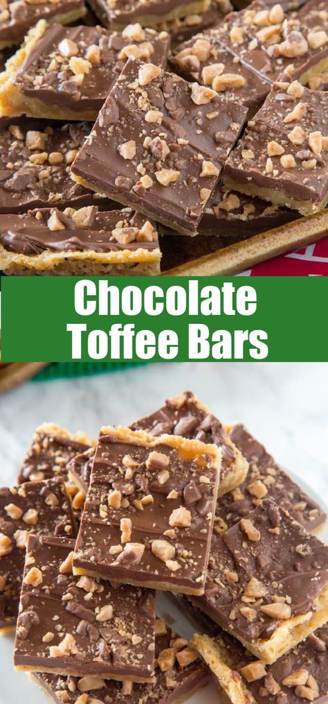 Chocolate Toffee Bars - crispy toffee flavored bars topped with chocolate and lots of bits of toffee. Just 6 ingredients, and so easy to make! Toffee Bits Recipe, Toffee Bars Recipe, Toffee Dessert, Chocolate Toffee Bars, Easy Toffee, Peppermint Recipes, Toffee Chips, Toffee Recipe, Toffee Bars