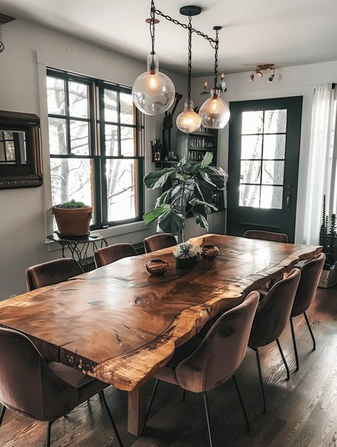 Rustic Dining Rooms: Wooden Table and Mismatched Pendant Lights Industrial Chic Dining Table, Live Edge Interior Design, Wooden Rustic Dining Table, Dining Room With Wood Table, Modern Rustic Kitchen Table, Western Dinning Room Table, Big Wooden Dining Table, Dining Room Big Table, Cedar Dining Table