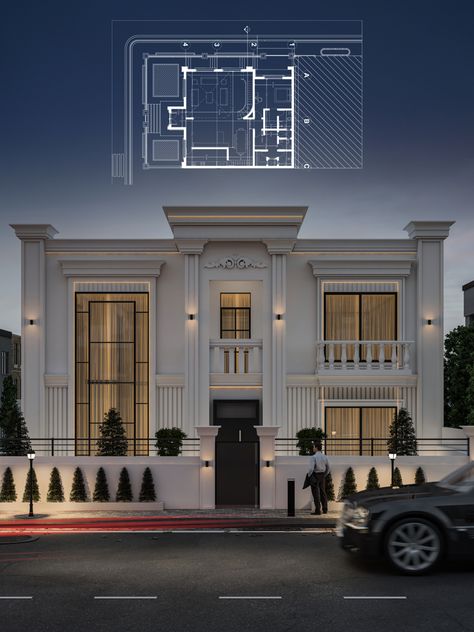 Classic House Designs Exterior Front Elevation, Classic Villa Design Exterior, Balcony Elevation Ideas, Front Elevation Classic Designs, New Clasic Houses, Neo Classic House Design, New Classic Elevation Villa, Village House Design Classic, Modern Facade Architecture