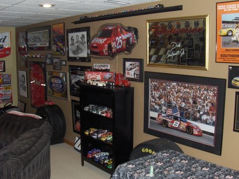 Nascar Man Cave, Nascar Room Ideas, Nascar Room, Man Cave Stuff, Racing Room, Mans Office, Collection Room, Doll Museum, Themed Rooms