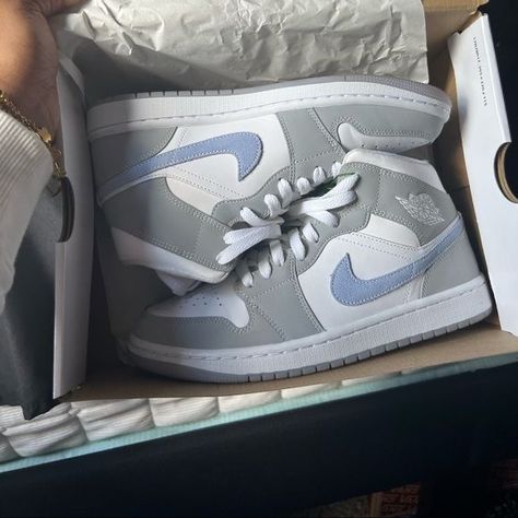 Wolf Grey Air Jordan 1, Nike Jordan Wolf Grey, Gray Jordan Shoes, Blue Grey Jordans, Womens Air Jordans Low, Nike Air Jordan Wolf Grey, Jordan 1 Aluminum Wolf Grey, Jordan 1 Wolf Grey Outfit, Wolf Gray Jordans