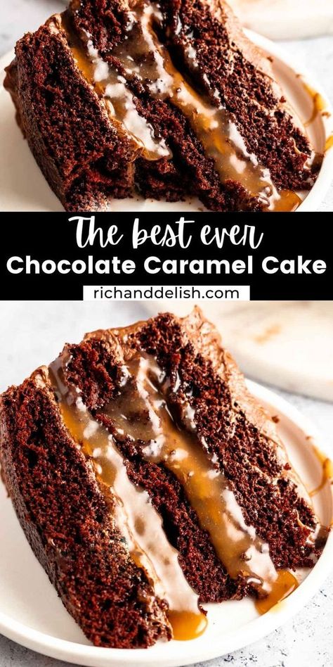 This chocolate caramel cake is made with a moist one bowl chocolate cake, filled with caramel sauce, and frosted with chocolate caramel frosting. Cake Pops, Funnel Cake Toppings, Caramel Cake Filling, Easy Funnel Cake, Cake Bites Recipe, Funnel Cake Recipe Easy, One Bowl Chocolate Cake, Funnel Cake Bites, Cake Aux Olives