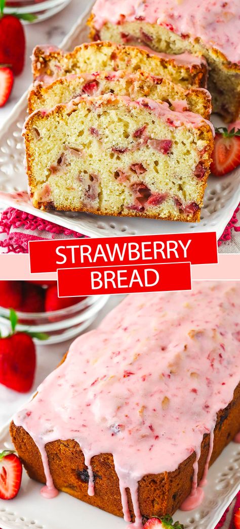 Made with fresh fruit, this easy, moist strawberry bread is a delicious and easy treat. It’s loaded with diced strawberries and topped with a sweet strawberry glaze! The perfect summer recipe for enjoying strawberries! Pie, Strawberry Sweet Bread, Bread Machine Strawberry Bread, Strawberry Loaf Bread, Tea Bread Recipes, Easy Loaf Bread Recipes, Home Made Bread Recipes Easy, Recipes With Fresh Strawberries, Dessert Bread Machine Recipes