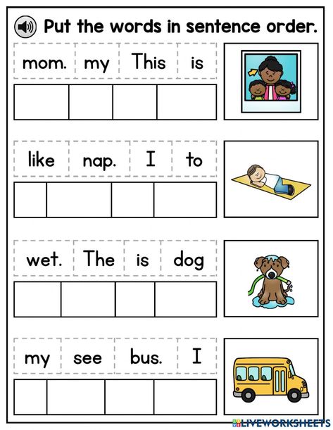 Writing Words Kindergarten, Re Order Sentences Worksheet, Sentence Worksheets Kindergarten, Kindergarten Sentence Writing Worksheets, Grade 1 Language Worksheets, Esl Kindergarten Worksheets, Phonics Sentences Worksheets, Write Sentences Worksheets, Write A Sentence Worksheet