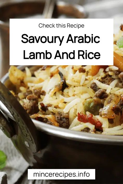 Savoury Arabic lamb and rice dish in a serving pan, garnished with vegetables. Lamb And Rice Recipes, Lamb Mince Recipes, Lamb And Rice, Ground Lamb Recipes, Minced Meat Recipe, Ground Meat Recipes, Mince Recipes, Ground Lamb, Lamb Recipes