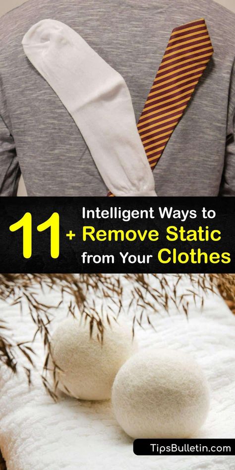 Static electricity builds up in clothes and other synthetic fabrics to cause static cling and static shocks. Get rid of static cling with household items like wool dryer balls, dryer sheets, and aluminum foil. #get #static #out #clothes Static Clothes Remedy, How To Get Rid Of Static Cling, Natural Static Reducer For Dryer, How To Remove Static From Clothes, How To Get Static Out Of Clothes, Dryer Balls Static Tips, Get Rid Of Static In Clothes, How To Get Rid Of Static On Clothes, Static Cling Remedy Clothes