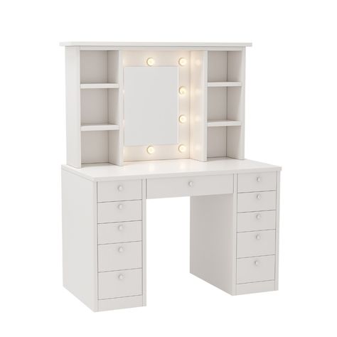 Spacious vanity desk with 11 drawers and 3 lighting options provides ample storage and organization. Its sleek white exterior and golden handles complement any decor, making it a perfect gift for any occasion. The large mirror offers a wide field of vision, while the easy assembly makes setup a breeze. Makeup Vanity With Drawers, Vanity Desk With Lights, Makeup Vanity Lighting, White Makeup Vanity, Bedroom Makeup Vanity, Bedroom Dressing Table, Vanity Table Set, Make Up Desk Vanity, Makeup Desk