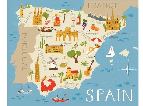 Map of Spain by Valentyna Bezdushna Spain Quote, Map Of Spain, Illustrated Maps, Spain Design, Spanish Culture, Vector Map, Road Trip Essentials, Detailed Map, Illustrated Map