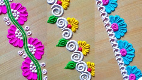 Rangoli Designs White, Rangoli Designs Border, Navratri Rangoli Design, Mini Rangoli, Simple Border Rangoli, Gauri Decoration, Navratri Rangoli, Border Rangoli Designs, Simple Flower Rangoli