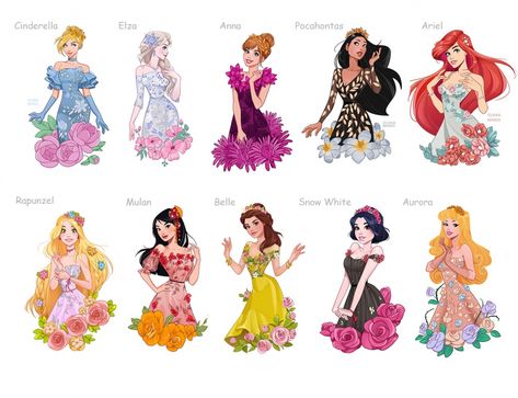 Disney Princesses in floral dresses and flower crowns - YouLoveIt.com Princess Cartoon Character, Disney Princess Dresses Cartoon, Disney Flowers Drawing, Disney Princess New Look, Disney Princess Flowers, Disney Girl Character, Princess Dresses Drawing, Disney Princess Crowns, Flower Dress Drawing