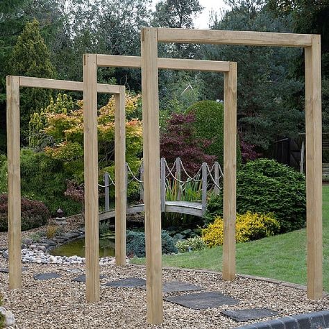 Forest Sleeper Arch Set of 3 | Garden Arbours & Arches | Webbs Garden Centre Wooden Garden Buildings, Sleepers In Garden, British Garden, Garden Arches, Garden Arbor, Garden Entrance, Forest Garden, Garden Buildings, Garden Features