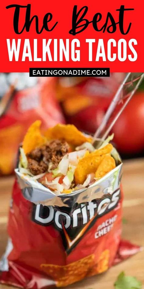 Walking Taco Bar, Walking Tacos Recipe, Walking Taco, Walking Tacos, Cheap Meal Ideas, Simple Family Meals, Cheap Meal, Campfire Food, Taco Bar