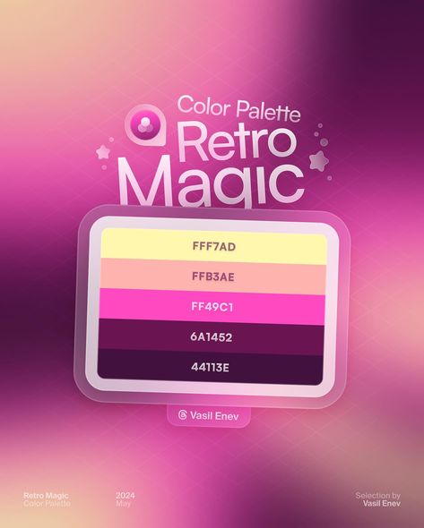 🔮 Retro Magic • Color Palette The #Gradient is made with tons of love. Sharing each of the 🎟️ Color Tickets with the representative color codes. You are free to pick a swatch and let me know what it reminds you of! Make sure to comment or dm me with questions! 🫶🏻 All the mesh gradients from the collection will be up to grab on my links! 🔮 • #stunninggradients #colorpalette #designinspiration #gradient #gradients #color #colors #palette #graphicdesign #graphicdesigner #dotuiux #uiux #ui #w... Loud Color Palette, Event Color Palette, Color Code Palette, Canva Color Codes, Magical Color Palette, Color Palette Code, Magic Color Palette, Ui Color Palette, Love Color Palette