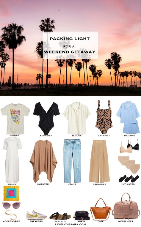 Pack Light For Travel Summer, Weekend Trip Outfits, Long Weekend Packing, Weekend Trip Packing List, Weekend Capsule Wardrobe, Weekend Trip Packing, Weekend Packing List, Summer Packing List, Packing List Summer