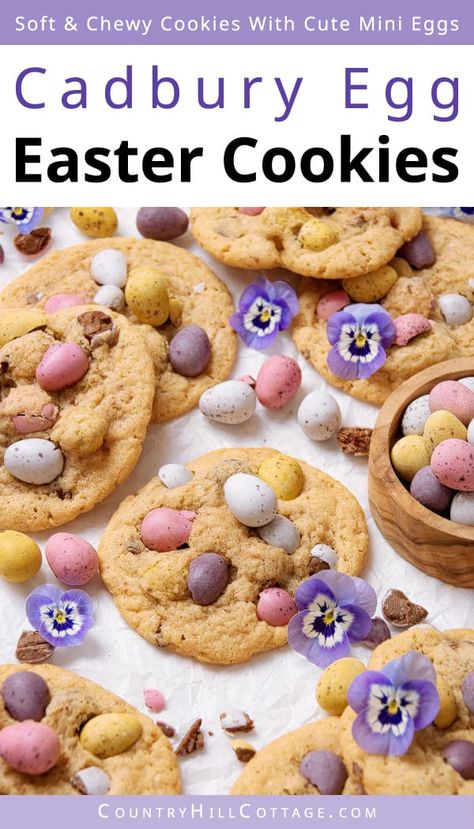 These easy mini egg cookies are so perfect for Easter, spring, and gift-giving! Each bite is filled with a chewy, soft texture and stuffed with plenty of cute chocolate eggs. The Cadbury egg cookie recipe is quick and easy to make and tastes melt-in-your-mouth delicious. Plus, they’re made in one bowl, bake in under 15 minutes with simple staple ingredients. and are the perfect springtime treat. The dough can be made with chocolate chips, M&M’s and other candy, too. | CountryHillCottage.com Cadbury Mini Egg Cookies, Mini Egg Cookies, Toffee Bites, Mini Eggs Cookies, Easy Easter Recipes, Egg Cookies, Cute Chocolate, No Egg Cookies, Mini Egg