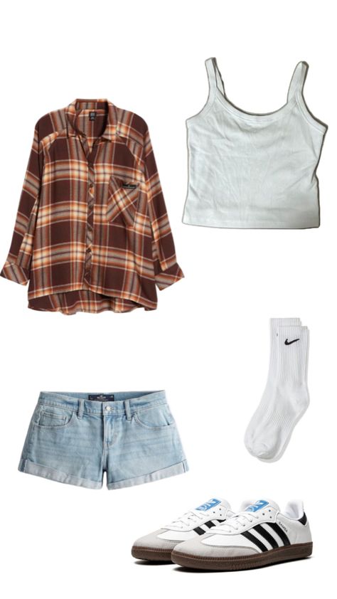 Bdg fall flannel jacket women’s holister shorts light blue Nike socks adidas sambas white cropped tank top fall back to school comfy outfit Flannel And Shorts Outfits, Flannel With Shorts, Sambas White, Flannel Jacket Women's, White Cropped Tank Top, Adidas Samba White, Socks Adidas, Fall Back To School, Flannel Shorts