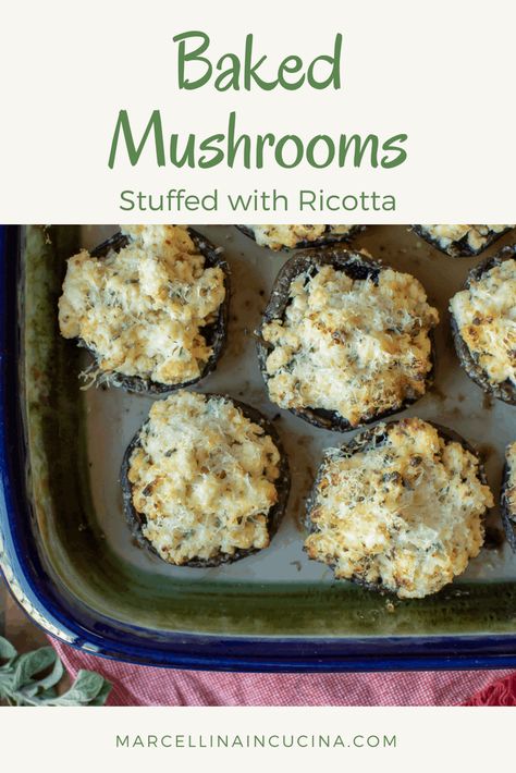 Baked Mushrooms stuffed with Ricotta are a great side dish or delicious appetizer. #stuffedmushrooms #mushroomrecipe #ricottarecipes Mushroom Cups, Mint Syrup, Mushrooms Stuffed, Keto Veggies, Fresh Ricotta, Ricotta Filling, Cheese Stuffed Mushrooms, Baked Mushrooms, Ricotta Recipes