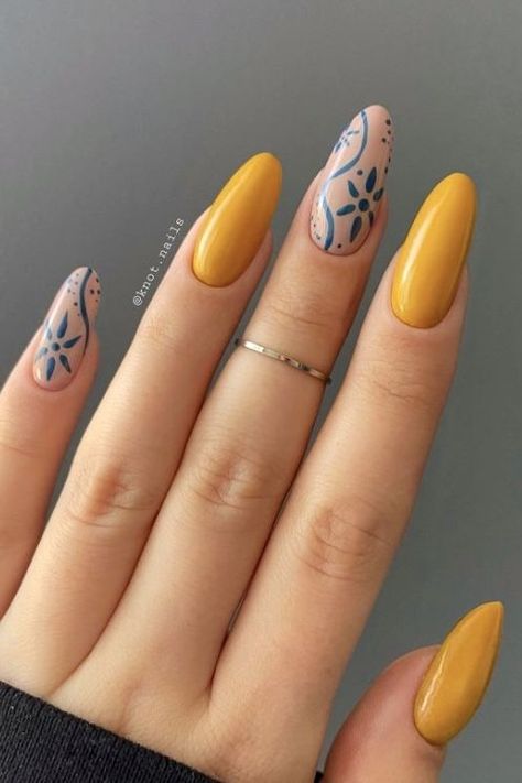 Autumn Yellow Nails, Mustard Yellow Nail Art, Mustard Color Nails, Mustard Yellow Nails Designs, Mustard Nails Design, Blue And Yellow Nails Designs, Mustard Yellow Nails, Mustard Nails, Yellow Nail Designs