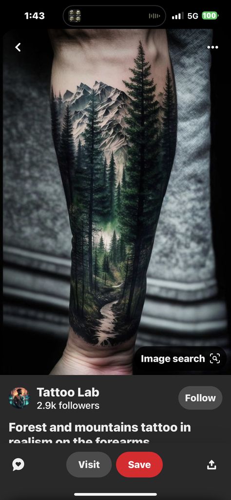 Wood Tattoo Design, Smoky Mountain Tattoo Ideas, Mountain Stream Tattoo, River Tattoo, Wood Tattoo, Nature Tattoo Sleeve, Band Tattoo Designs, Nature Tattoo, Wrist Tattoos For Guys