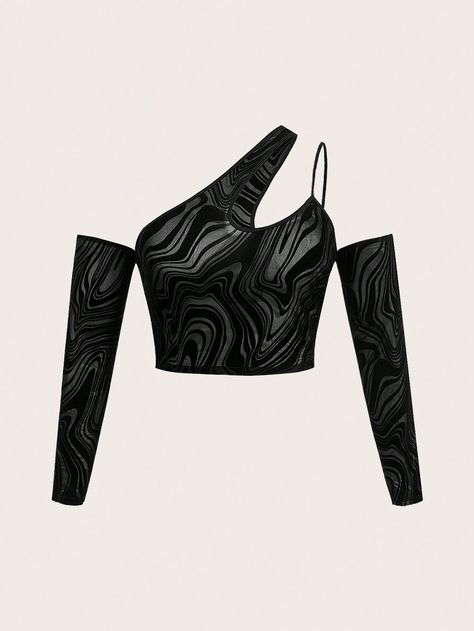 SHEIN ICON Plus Marble Print Asymmetrical Neck Crop TopI discovered amazing products on SHEIN.com, come check them out! Shein Icon, Marble Print, Top Crop, Neck Crop Top, Black Casual, Flocking, Plus Clothing, Summer Women, Marble