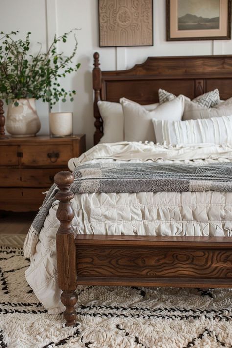 Dive into over 50 vintage farmhouse bedroom ideas for a cozy and modern aesthetic. Discover chic inspiration for decor, color schemes, textiles, and more! Master Bedrooms Vintage, Country Chic Bedroom Decor, Cute Farmhouse Interior, Diy Farmhouse Bed Frame Queen Size, Organic Vintage Bedroom, Vintage Cottage Decor Bedroom, Romantic Farmhouse Bedroom Ideas, Antique And Modern Mix Decor Bedroom, Light Blue Farmhouse Bedroom