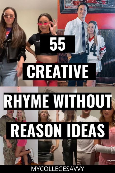 55 creative rhyme without reason ideas Rhyme Without Reason, Quick N Easy Halloween Costumes, Halloween Rhymes, Spirit Day Ideas, Dress Up Days, Duo Halloween Costume Ideas, Homecoming Spirit Week, School Spirit Week, Spirit Week Outfits