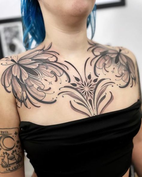 Flower Chest Tattoos For Women, Art Deco Chest Tattoo, Ornamental Chest Tattoo Female, Symmetrical Chest Tattoo, Ornamental Chest Tattoo, Chest Tattoo Flowers, Montreal Tattoo, Tattoos 2022, Full Chest Tattoos