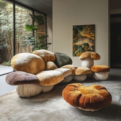 The Fungi Couch is a whimsical, mushroom-inspired piece with a plush, rounded design and soft, velvety upholstery. Its base mimics a mushroom stem, blending nature and comfort into a cozy, eye-catching addition to any space. Conceptual AI Art Follow @ecosapiens for more! Mushroom Sofa, Mushroom Couch, Mushroom Houses, Mushroom Furniture, Pillow Mushroom, Mushrrom Pillow, Fantasy Mushroom Lamps, Pillow With Mushrooms, Mushroom Chair