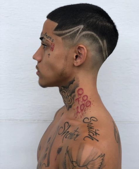 Hair Tattoo Men, Mens Face Tattoos, Lowrider Tattoo, Small Face Tattoos, Mens Body Tattoos, Face Tats, Tatted Men, Estilo Cholo, Taper Fade Haircut